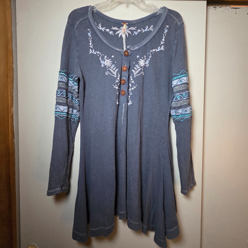 Free People Women's Tunic Mini Dress Boho Blue Embroidered Size L Linen Cotton